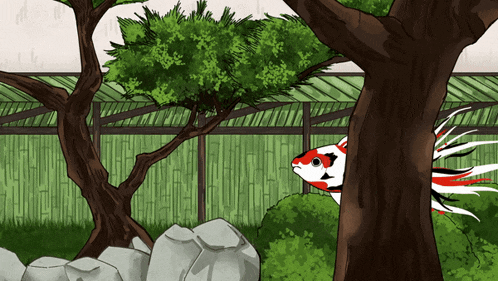 a drawing of a fish behind a tree in a garden