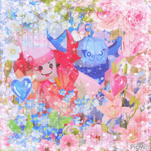 a picture of a couple of cartoon characters surrounded by flowers with picmix written at the bottom