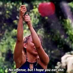 a woman hanging from a rope with the words " no offense but i hope you eat shit " written below her