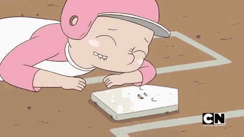 a cartoon character laying on a baseball field with cn written on the bottom right