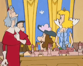 a group of cartoon characters are standing in front of a window in a room .