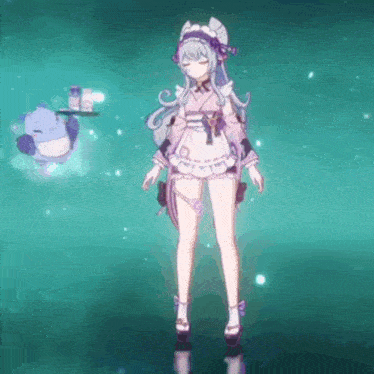 a girl in a maid costume is standing in front of a blue background