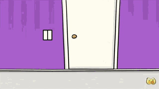 a cartoon drawing of a door with a purple wall and a window .