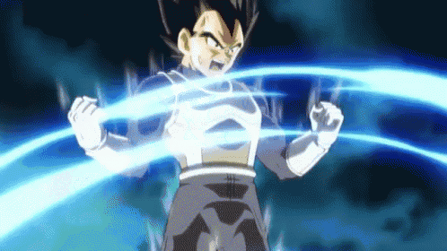 a cartoon character is standing in a dark room with a blue light coming out of his fist .
