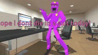 a purple character in an office with the words " ope i dont die in a suit today " on the bottom