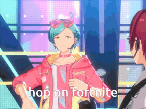a girl in a pink jacket with the words hop on fortnite below her