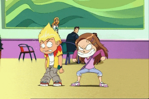 a boy and a girl are standing next to each other in a cartoon scene