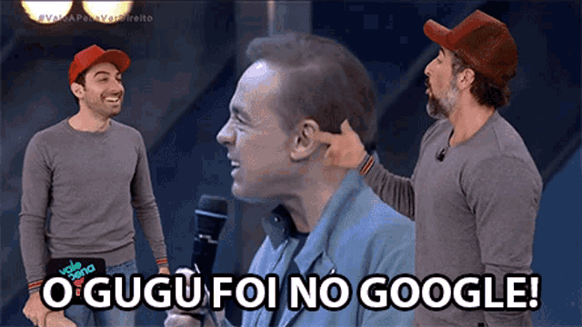a man talking into a microphone with the words o gugu foi no google on the bottom