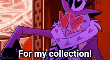 a cartoon character with hearts on his eyes and the words `` for my collection '' .