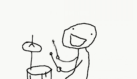 a black and white drawing of a man playing drums with the words ba dum tsss above him .