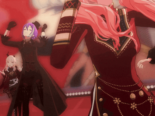 a girl with pink hair and purple hair is dancing