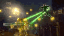 a green lantern is flying through the air with green lasers coming out of his hands .