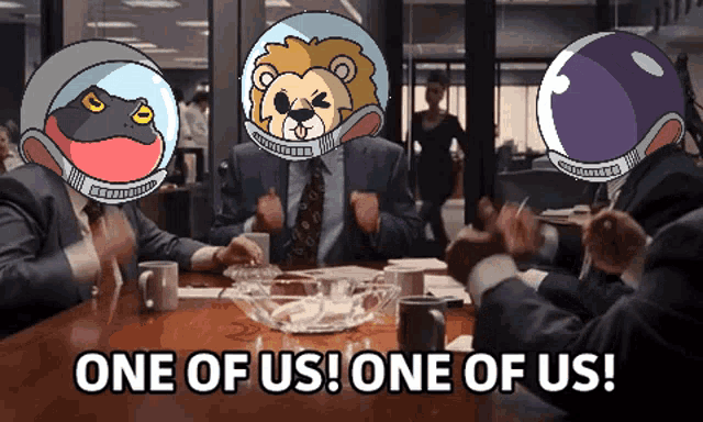 a group of people sitting around a table with one of them saying one of us one of us