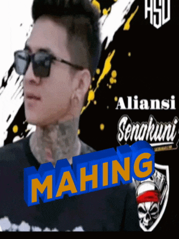 a man wearing sunglasses stands in front of a sign that says " mahing "