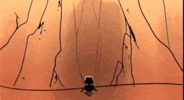 a cartoon drawing of a cliff with a car driving down it