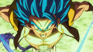 a cartoon character with blue hair and a muscular body