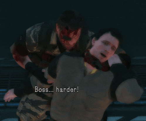 a video game character says boss harder as he holds another man