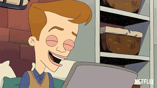 a cartoon of a man laughing while looking at a tablet with netflix written in the corner