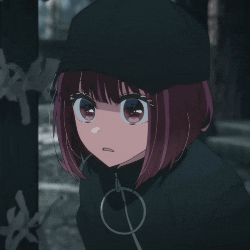 a girl with purple hair is wearing a black hat and a black jacket