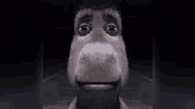 a close up of a donkey 's face with a scary look on it 's face .