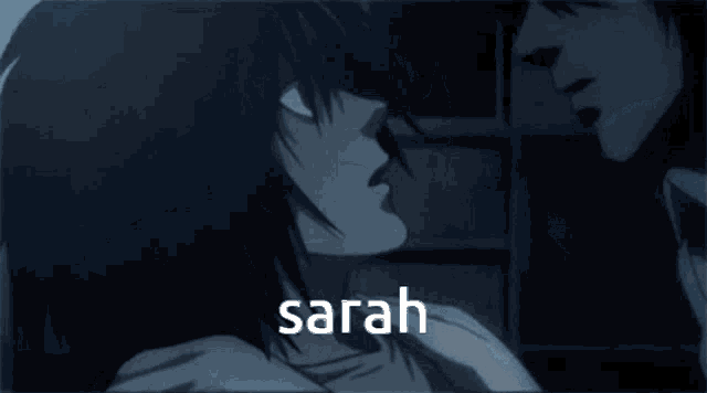 a man and a woman kissing with the word sarah above them