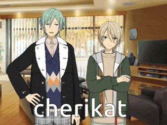 a couple of anime characters standing next to each other with the word cherikat on the bottom right