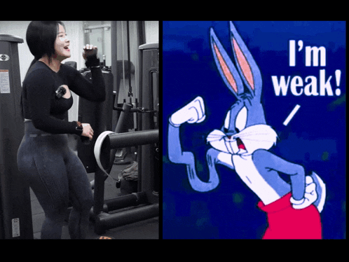 a woman in a gym next to a cartoon of bugs bunny that says i 'm weak