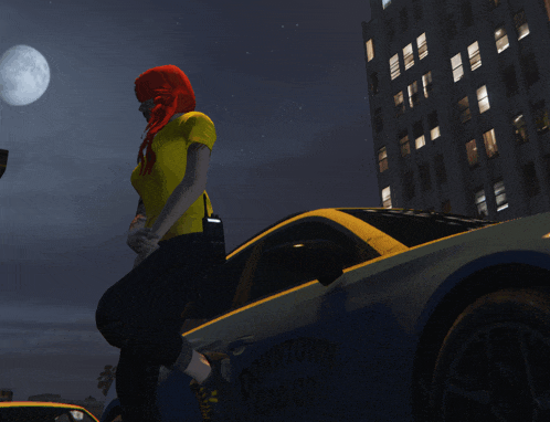 a woman is standing next to a car that says downtown taxi co.