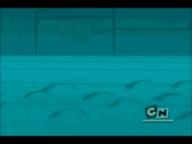a cartoon dog is running on a blue background with cn in the corner