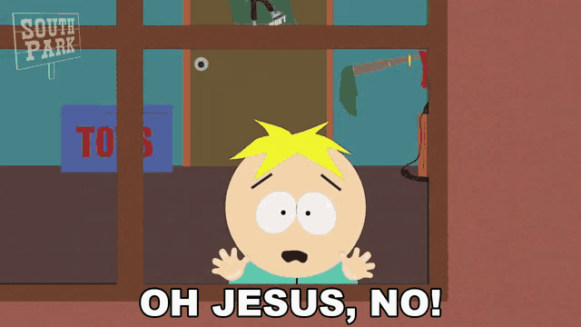 a cartoon character says oh jesus no in front of a south park sign