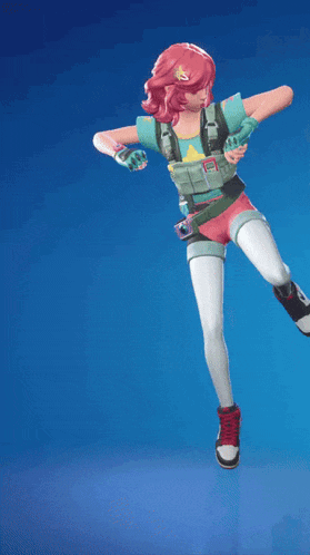 a girl with red hair is dancing with a blue background