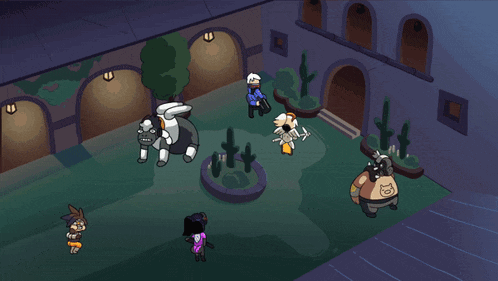 a group of cartoon characters are standing around a building