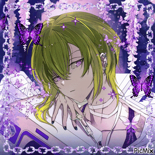 a picture of a girl with green hair and purple eyes is surrounded by purple butterflies