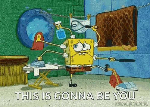 a cartoon of spongebob squarepants ironing a blanket and vacuuming .
