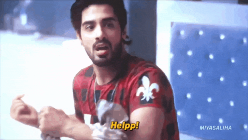 a man in a red shirt says helpp in a video