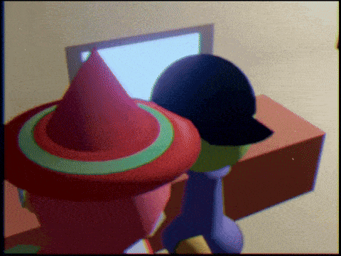 a cartoon character wearing a red hat looks at a computer screen