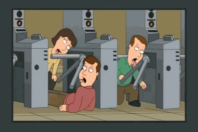 a cartoon shows a man laying on the ground in front of a turnstile with the number 1 on it