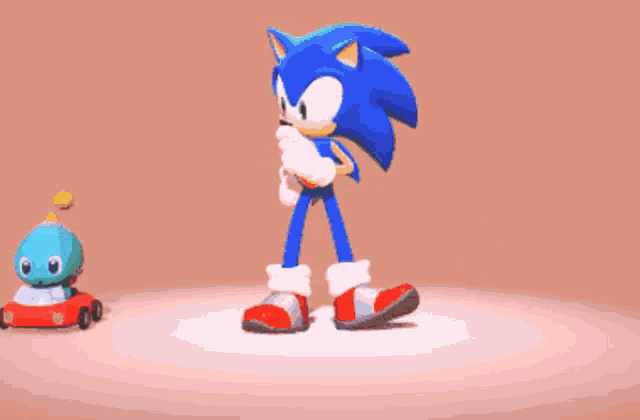 sonic the hedgehog is standing next to a small toy car