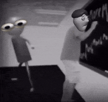 a cartoon character with big eyes is standing next to a man writing on a blackboard