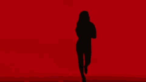 a silhouette of a woman dancing in front of a red wall .