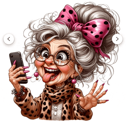 a cartoon of an elderly woman sticking her tongue out while looking at a cell phone