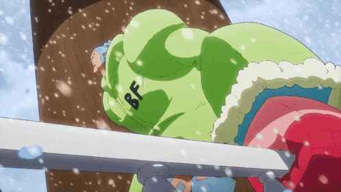 a green cartoon character with bf on his back