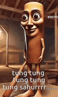 a cartoon character dressed as a sausage is standing in a room with a caption .