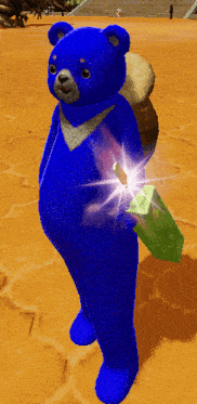 a blue teddy bear is holding a green item
