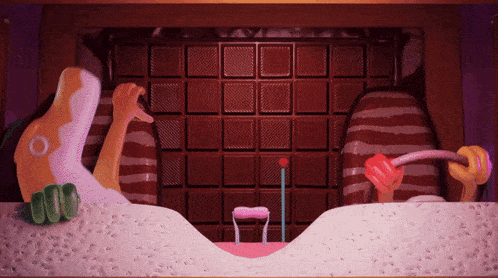 a cartoon scene with a large chocolate bar in the background and a purple curtain