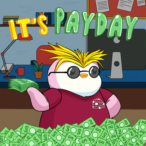 a cartoon of a penguin with the words it 's payday written above him