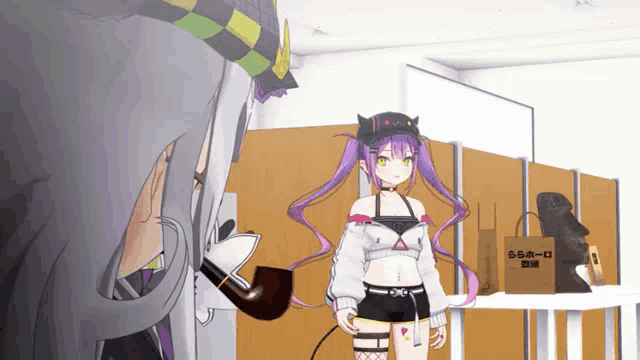 a girl with purple hair is standing in front of a cardboard box that says ' a - o ' on it