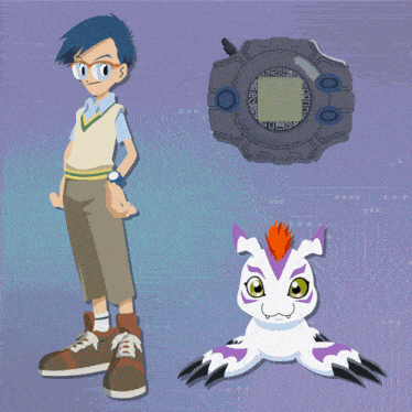 a boy stands next to a digimon and a watch