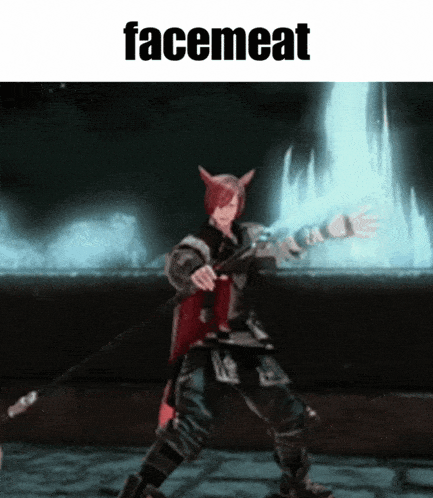 a video game character is playing a guitar and says facemeat on the top