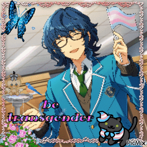 a picture of a boy holding a flag with the words be transgender on it